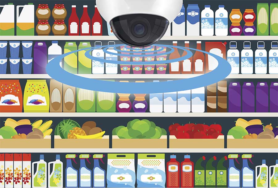 An artist’s depiction of the food market of the retail environment of tomorrow, in which AI-enabled embedded cameras monitor inventory. Courtesy of Store shelves: iStock.com/S-S-S; camera: iStock.com/ChubarovY.