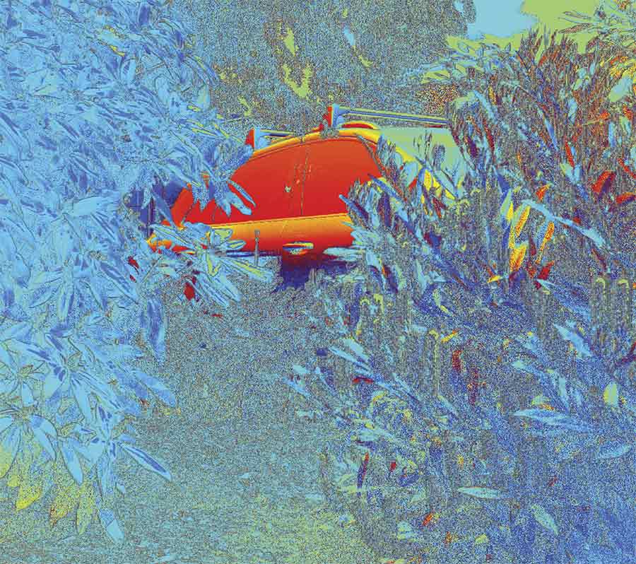 Standard color imaging reveals a vehicle obstructed by foliage. Courtesy of Teledyne FLIR.