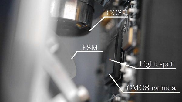The new system during a calibration process that involves a CMOS camera. The light spot where measurements are acquires as well as the fast-steering mirror (FSM) and confocal chromatic sensor (CCS) can be seen. Courtesy of Daniel Wertjanz, Christian Doppler Laboratory for Precision Engineering for Automated In-Line Metrology.