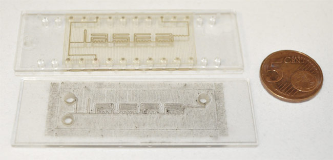 Figure 2. A comparison of a microfluidic chip welded with a Gaussian beam (bottom) versus one welded with beam-shaping technology (top). Courtesy of Lasea.