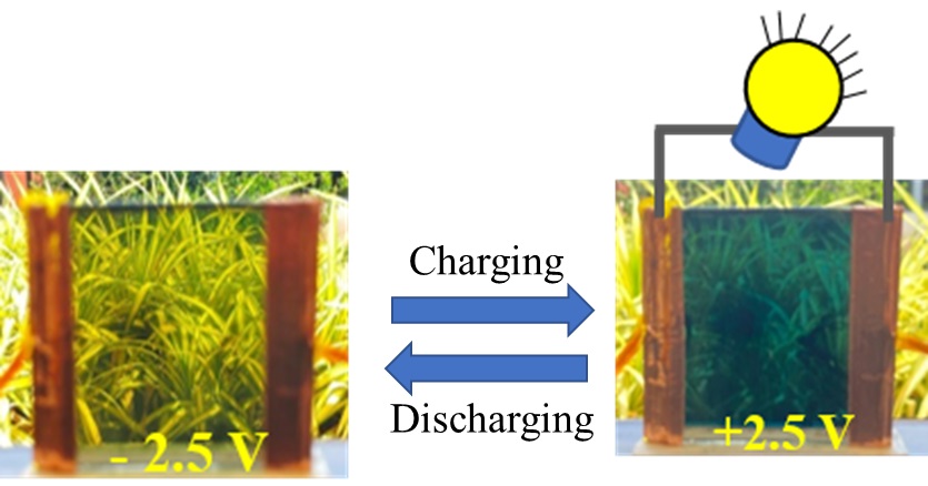 A graphical depiction of how the dual-functional, polymer, electrochromic smart window works. Courtesy of S. C. Karumuthil, et al., J. Mater. Chem. A, 2022, 10, 23265-23273, DOI: 10.1039/d2ta05973h. 