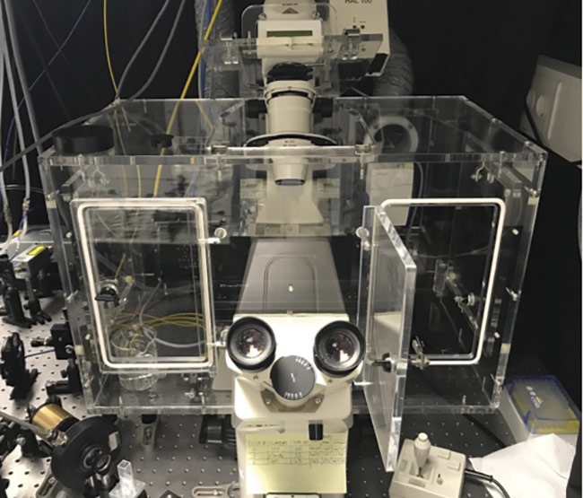 Figure 4. The top view of a confocal Brillouin microscope, which hosts an incubation chamber to maintain the sample environment. Courtesy of EMBL.