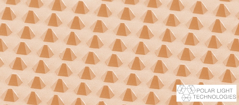Polar Light has developed a bottom-up fabrication process for pyramidal microLEDs that enables smaller size, higher brightness and better emission efficiency. The process utilizes a cold compression bonding method developed with Finetech. Courtesy of Polar Light Technologies.