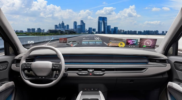 An artist’s rendering of the Holographic HUD in a working vehicle. Courtesy of Hyundai Mobis.