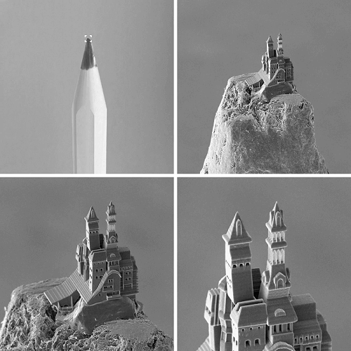 A structure printed on the tip of a pencil using 2-photon polymerization. Courtesy of UpNano.