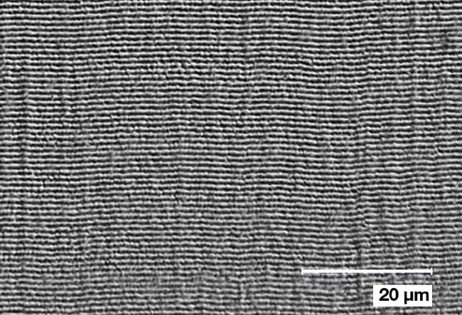 A depiction of laser-induced periodic surface structures on stainless steel, induced by an infrared femtosecond laser. The processing throughput for the depicted sequence is 22.8 cm2/s at 60 W average power. Courtesy of Novanta.