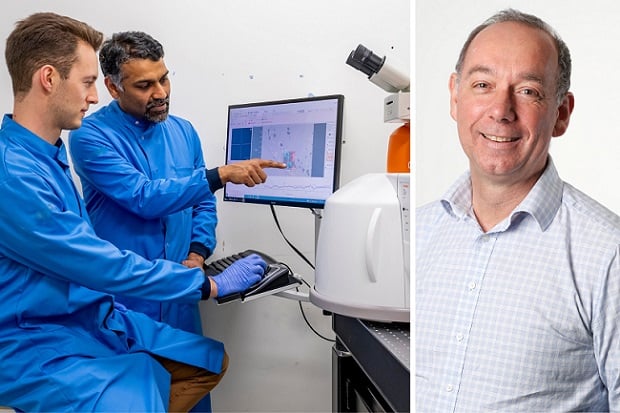 Professor Sumeet Mahajan and research fellow Niall Hanrahan (l) and professor Chris Kipps (r) are collaborating on the development of a laser-based test that uses spectroscopy to detect the presence and form of dementia in a patient. Courtesy of University Hospital Southampton.