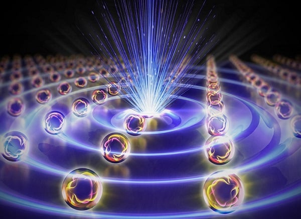 Photonic time crystals — optical materials that exponentially amplify light — exhibit a periodic oscillation in time while remaining uniform in space, a quality which creates momentum bandgaps that enable light to pause while it’s inside the crystal and grow in intensity. Courtesy of Xuchen Wang.