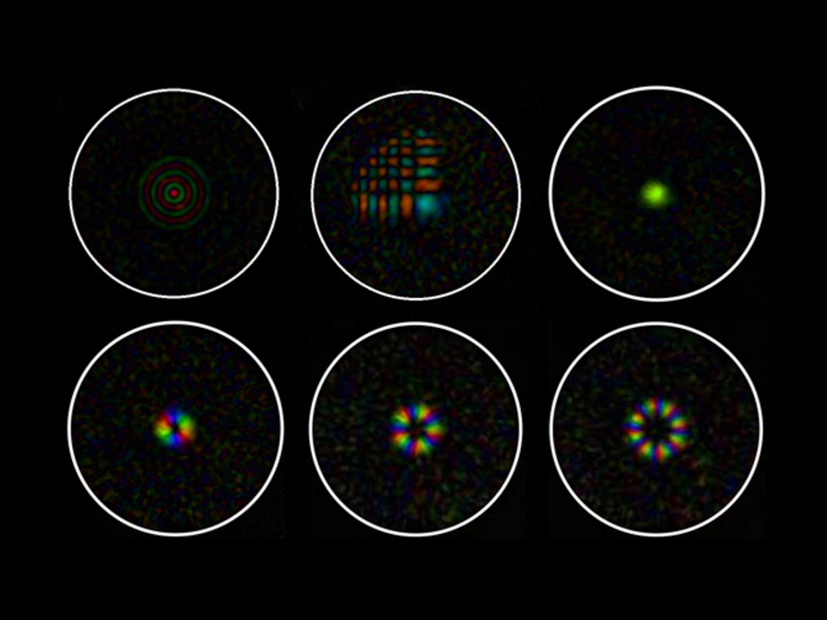 Experimental projection of Bessel beam, Airy beam, and Laguerre-Gauss beams through a 50 µm core multimode fiber. These beams underpin modern microscopy techniques. Courtesy of the University of Adelaide.