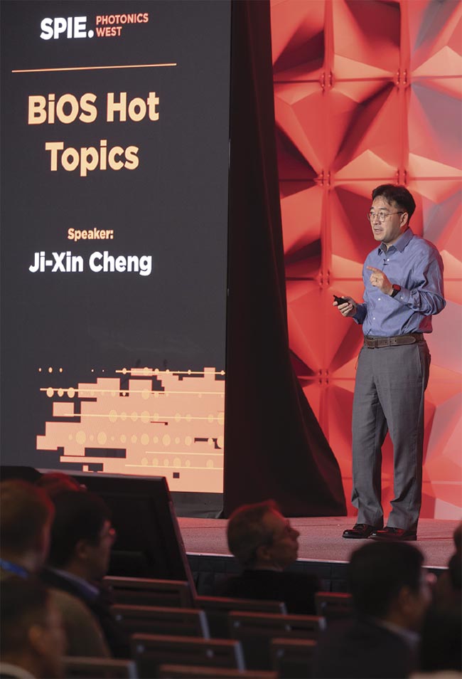 Ji-Xin Cheng, the Theodore Moustakas Chair Professor in Photonics and Optoelectronics at Boston University, speaks during the 2024 BiOS Hot Topics program on Stimulated Raman Photothermal Microscopy. Courtesy of SPIE.