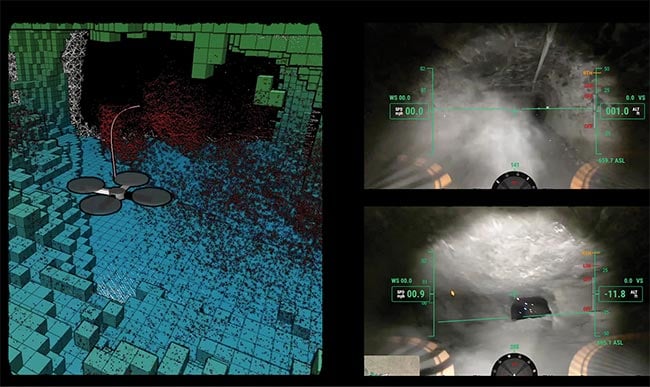 Lidar scanning can provide detailed 3D images in low-light environments — a powerful asset for navigating dark and dust-filled underground spaces, such as mines (top). Miners can assess the structural integrity of underground areas using drones while keeping workers at a safe distance (bottom). Courtesy of Exyn Technologies.