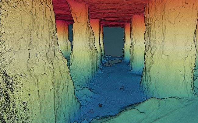 Lidar scanning can provide detailed 3D images in low-light environments — a powerful asset for navigating dark and dust-filled underground spaces, such as mines (top). Miners can assess the structural integrity of underground areas using drones while keeping workers at a safe distance (bottom). Courtesy of Exyn Technologies.