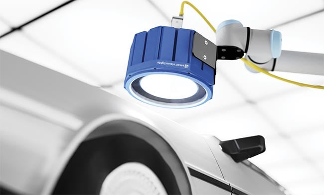 A machine vision camera mounted to a multifunctional LED light inspects a car rim. Courtesy of Smart Vision Lights.