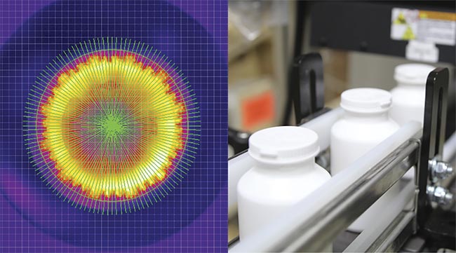 Thermal imaging enables inspection of bottle seals through bottle caps. A representative thermal image of the aluminum seal underneath the cap (left) after bottles go through the sealing process (right). Courtesy of moviTHERM.