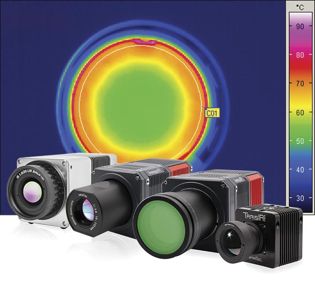 A thermal image of an aluminum lid after sealing to a plastic container. InfraTec’s IRBIS software detects seal defects, such as the deviations at 12 o’clock in the image behind the cameras, where colors represent calibrated temperature values. The easy-peel tab, visible at 4 to 5 o’clock, must be noted to prevent false alarms. Courtesy of InfraTec.