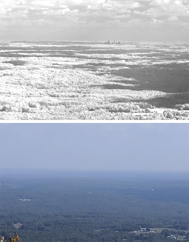 A comparison of a mountainside in Winston-Salem, N.C. A SWIR image (top) and a Google Pixel 4 image (bottom). Courtesy of SWIR Vision Systems.