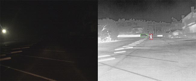 A comparison of nighttime driving imaging with visible (left) and thermal cameras (right). Courtesy of Teledyne FLIR.
