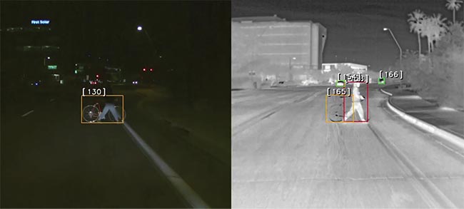 A comparison of nighttime driving imaging with visible (left) and thermal cameras (right). Courtesy of Teledyne FLIR.
