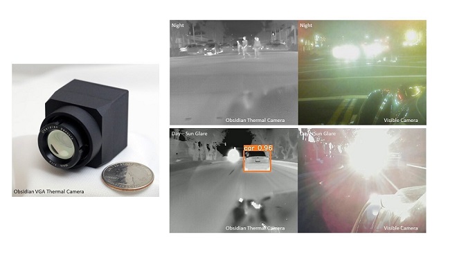 Obsidian’s thermal solutions will be combined with Quanta’s automotive solutions to enable automotive safety features. Shown here (clockwise, from upper left): Obsidian’s VGA thermal camera, a nighttime image of pedestrians using Obsidian’s thermal camera, a nighttime image of pedestrians using a normal camera, a daytime image of a car with sun glare using a normal camera, and a daytime image of a car with sun glare using Obsidian’s thermal camera. Courtesy of Obsidian Sensors. Inc.
