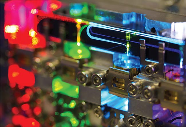 Visible light PICs can be used for applications such as spectroscopy, metrology, and sensing. The PIX4life open access pilot line for PICs targets life sciences applications in the visible range. Courtesy of TOPTICA Photonics AG.