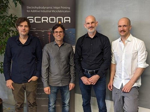 (From left) Scrona CTO Patrick Galliker, CPO Julian Schneider, CEO Patrick Heissler, and CIO Martin Schmid. Courtesy of Scrona AG.