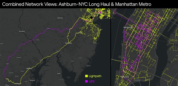 A map with an overlay of Lightpath’s (yellow) and United Fiber and Data’s (purple) fiber optic infrastructures stretching from New York to Ashburn, Va. Courtesy of Lightpath.