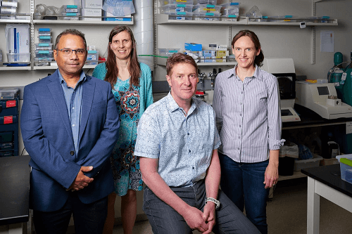 UC Boulder staff members who will be heading the realization of the NQN facility. (From left) Aju Jugessur, Juliet Gopinath, Scott Diddams, and Cindy Regal. Courtesy of UC Boulder.