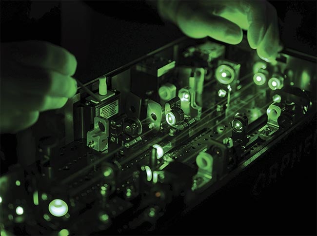 The inside of a working optical parametric amplifier (OPA) generating a second harmonic signal. Courtesy of Light Conversion.