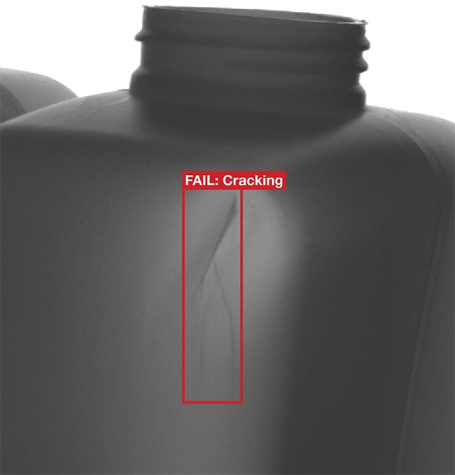 A machine vision algorithm identifying a cracking failure on a blow-molded bottle production line. Courtesy of Teledyne DALSA.