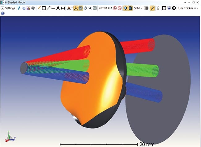 This model, capturing the design and simulation process, demonstrates how simulation is used to design a freeform optic that maximizes uniformity and efficiency across the field of view of an illumination system. Courtesy of Ansys.