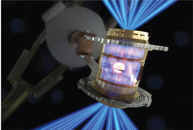 At the National Ignition Facility (NIF), 192 laser beams enter the hohlraum from two sides and strike the inner walls to create x-rays (silver and gold). The massive x-ray wavefront converges on the deuterium-tritium (D-T) fuel pellet and compresses and heats it (center). Courtesy of Lawrence Livermore National Laboratory (LLNL).