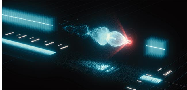 Figure 2. In laser-plasma acceleration, a strong laser pulse (red) generates a plasma wave (blue) in hydrogen gas by stripping electrons from gas molecules. The electrons “ride” this wave to high energies at extremely high rates of speed. Courtesy of DESY.