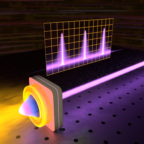 Illustration of a trapped polariton condensate giving rise to the laser emission with an ultra-narrow spectral peak detected by a scanning Fabry-Pérot interferometer. Courtesy of Optica (2024). DOI: 10.1364/OPTICA.525961.
