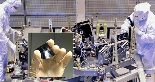 The PICS4SENS project seeks to develop a near-infrared spectrograph on-a-chip (inset) to enable broader application potential due to its greatly reduced size compared to the NIRspec instrument (shown) developed for the James Webb Space Telescope. Courtesy of Astron/AIP.