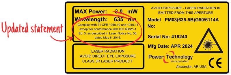 Following the implementation of Laser Notice No. 56, laser labeling requirements will undergo changes. Updated label verbiage (top). Previous label format (bottom). Courtesy of Power Technology Inc.