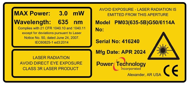 Following the implementation of Laser Notice No. 56, laser labeling requirements will undergo changes. Updated label verbiage (top). Previous label format (bottom). Courtesy of Power Technology Inc.