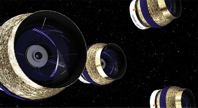 The Nautilus Space Observatory concept uses a constellation of ultralightweight multi-order engineered diffractive (MODE) lenses. These optics can be mass-produced quickly, and in cost-efficient ways by precision glass molding. Since they are transmissive optics, they are much less sensitive to misalignment, making them cheaper and easier to replicate. Courtesy of University of Arizona College of Optical Sciences and Steward Observatory/Dániel Apai.