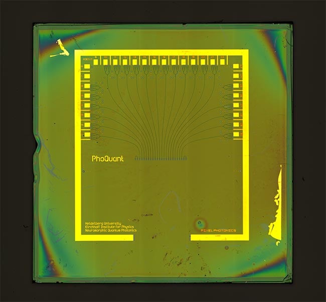 Figure 4. Prototype of a 20-channel-photon-number-resolving (PNR)-detector. The element uses space multiplexing of superconducting nanowire single-photon detectors (SNSPDs). Courtesy of the University Heidelberg.