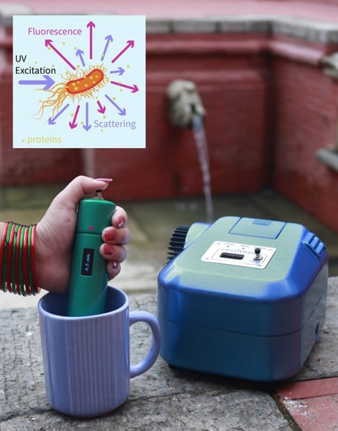 Researchers have developed a fluorescence detection system (right) that enables highly sensitive detection of harmful microorganisms in drinking water without the use of lenses. They are converting the technology into a lens-free, portable immersion system (left) that could be useful for testing water quality in the traditional natural stone sinks used by people in the Kathmandu Valley in Nepal (background). Courtesy of Rijan Maharjan and Ashim Dhakal, Phutung Research Institute.