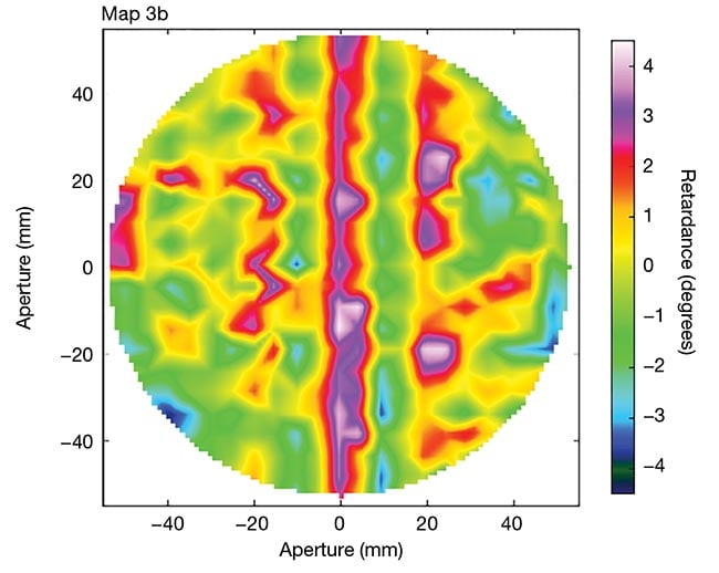 Figure 3. The adapted figure shows measured retardance uniformity of an 11-cm-diameter polymer waveplate, with an average retardance of 157.7 nm at 633 nm. Courtesy of Meadowlark Optics via Journal of Astronomical Telescopes, Instruments, and Systems.