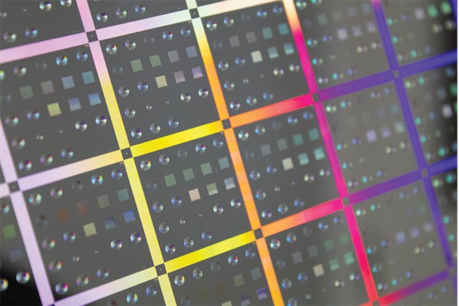 A 200-mm-diameter wafer with >1000 metalenses, each of which is designed and optimized for various optical systems. Courtesy of Moxtek.