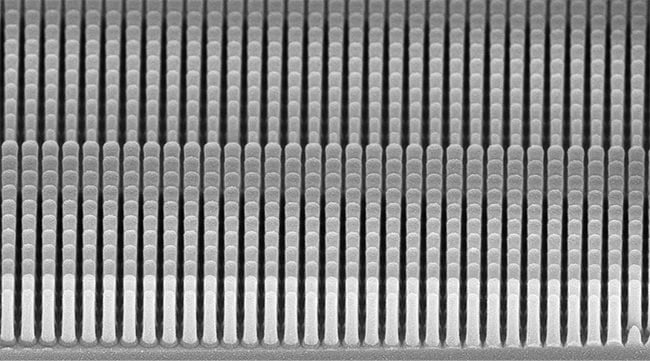 The shape and spacing of the meta-structures, shown as captured via a scanning electron microscope, are critical to achieve optimal performance. Among the metasurfaces that Utah-based Moxtek develops are metalenses, metaoptical elements, and diffractive optical elements. Courtesy of Moxtek.