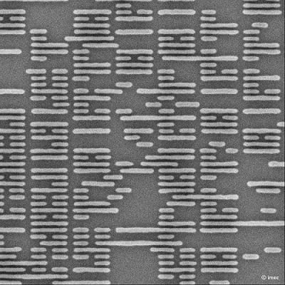 Image of the 9.5 nm random logic structure (19 nm pitch) after pattern transfer. Courtesy of imec.