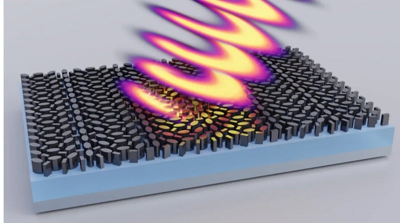 A thermal metasurface is made of a single layer of nanostructured silicon (gray) on top of glass (blue) and a metal mirror (gold). The nanostructured surface is specifically tailored so that it thermally emits circularly polarized light to a desired direction. Courtesy of Adam Overvig.