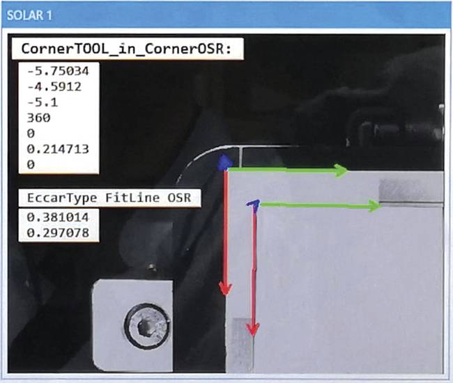 The HALCON software measures the corners of each optical solar reflector (OSR) to determine quality control and to tell the robotic arms of the SOLAR cell where to retrieve the OSR. Courtesy of AKEOPLUS.