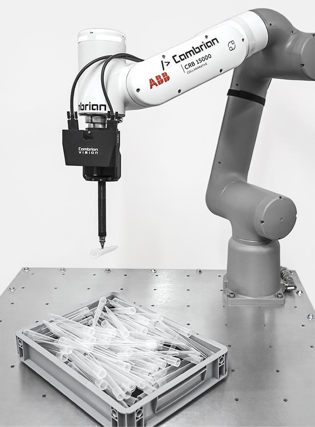 Bin picking transparent parts, traditionally a difficult problem, using two standard industrial cameras. Courtesy of Cambrian Robotics.