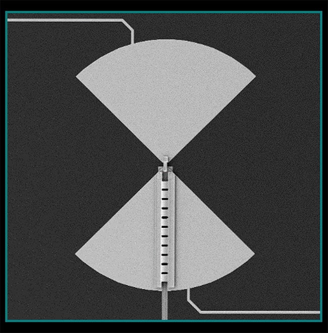 Figure 1. Terahertz source technology is enabling sophisticated deployments of terahertz radiation. This waveguide-integrated photodiode generates continuous-wave (CW) terahertz waves and uses a bow tie antenna for optimum radiation. The antenna “wings” have a width of ~500 µm. Courtesy of Fraunhofer HHI.