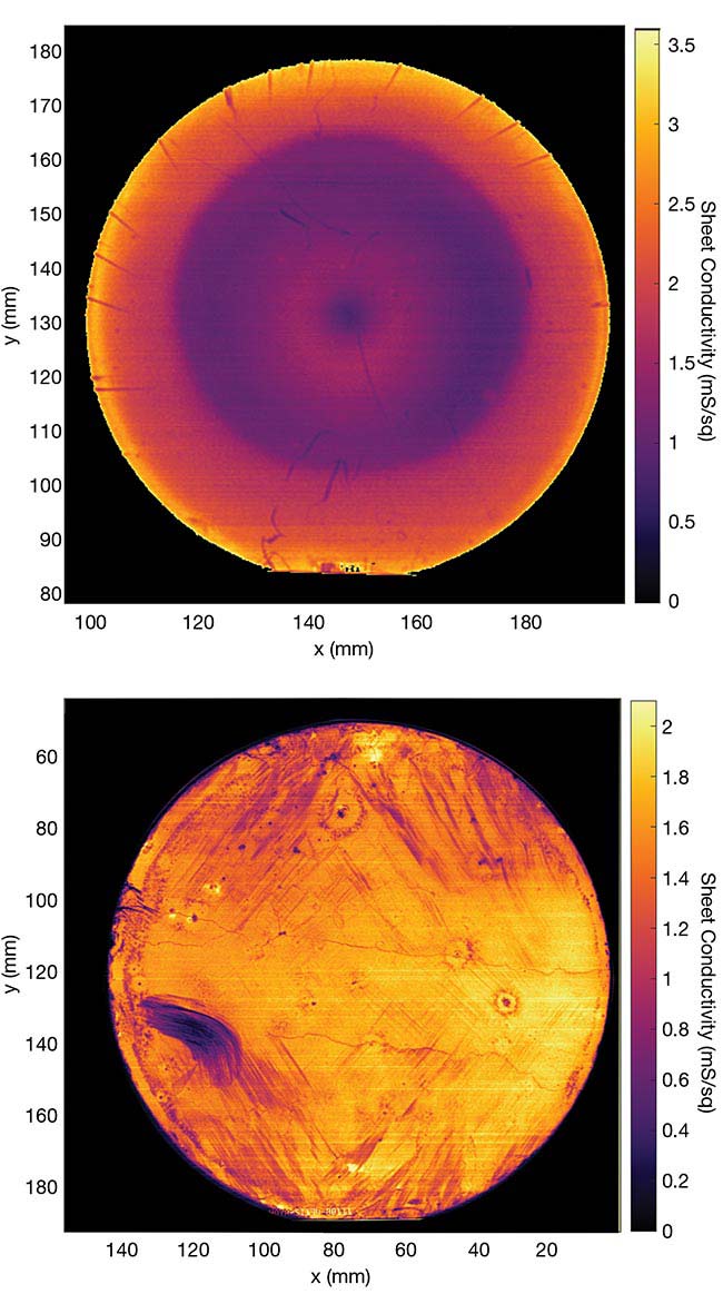 Figure 4. Sheet resistance measurement on a 4-in. sapphire wafer with directly grown graphene (top), and on a 6-in. silicon wafer with a transferred graphene layer. Courtesy of Fraunhofer HHI.