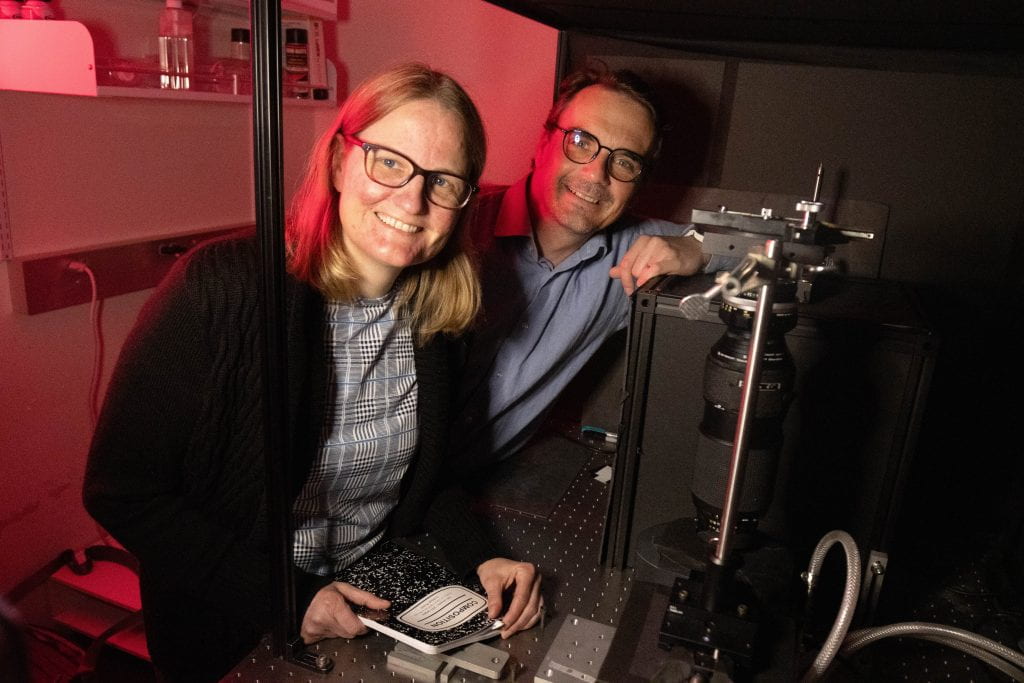 Professor Jennifer Prescher (left) and professor Andrej Lupták collaborated on developing a new technique for attaching bioluminescent molecules to RNA, which enables RNA to be tracked in real time as it moves through the body. The technique could be beneficial in a range of health applications, such as detecting viruses or mapping memories in the brain. Courtesy of Lucas Van Wyk Joel/UC Irvine.