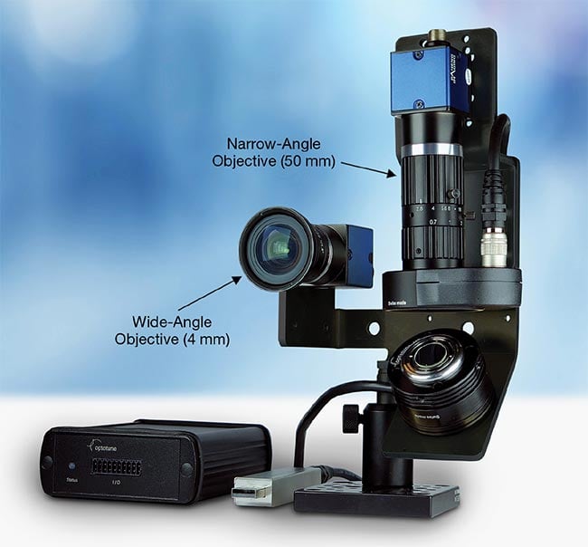 Figure 2. A gigapixel imaging kit, comprising a wide-angle camera and a narrow-angle camera, which uses the liquid lens for focusing and a fast steering mirror to expand the field of view to 100°. Courtesy of Optotune.